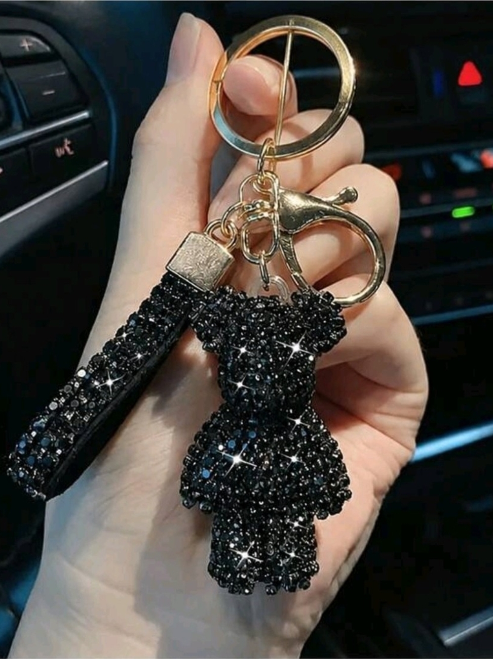 Black Crystal Bear Keychain with Wristlet Strap